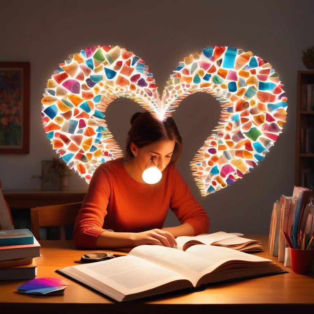 A vibrant collage of personal stories represented by colorful, open books spilling out ideas, intertwined with whimsical visual elements like light bulbs and heart icons. Include an inspiring person sitting at a desk, typing passionately, with a warm glow around them, symbolizing the transformation of ideas into impactful narratives. super-realistic. vibrant colors. white background.