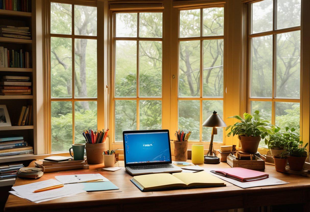 A cozy workspace featuring a writer's desk with a notebook, colorful pens, and a laptop, surrounded by books on storytelling and creativity. A warm glow from a desk lamp enhances the atmosphere, while a window shows a beautiful outdoor view for inspiration. Elements like sticky notes and a coffee cup add a personal touch. super-realistic. warm colors. inviting atmosphere.