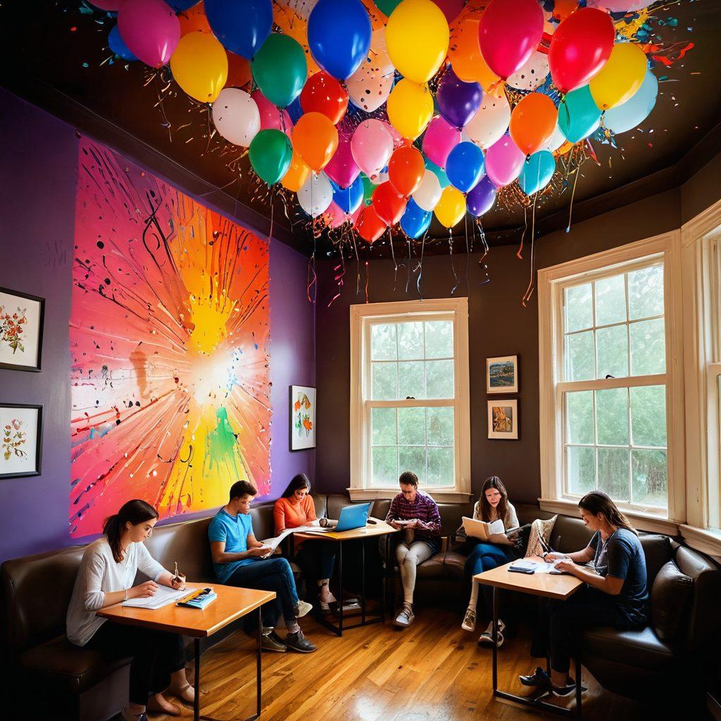 A vibrant scene depicting a diverse group of individuals passionately writing in cozy environments, surrounded by colorful elements representing creativity, such as paint splatters and musical notes. The atmosphere should convey joy and inspiration, with rays of light symbolizing the power of expression. Include a whimsical touch with playful illustrations of ideas bursting into the air. bright colors. whimsical art. cozy ambiance.